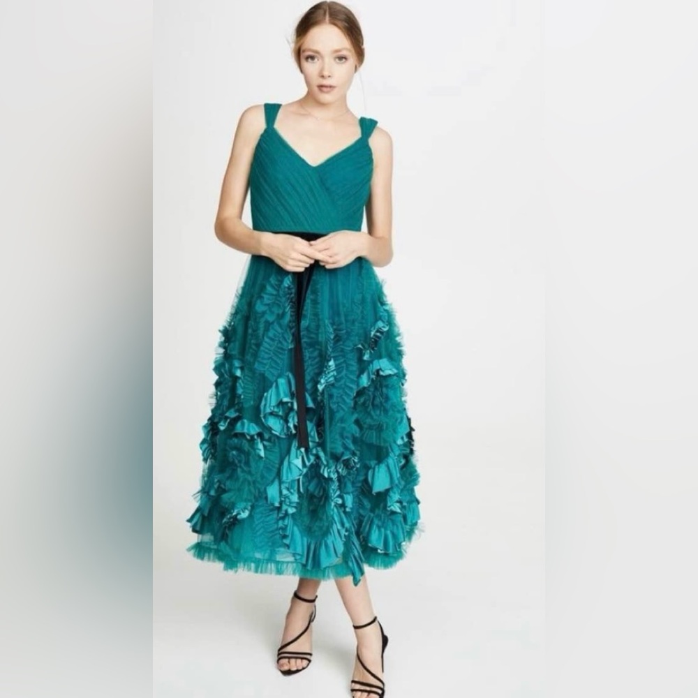 Marchesa Green Ruffled Tiered Midi Dress V-Neck Cocktail